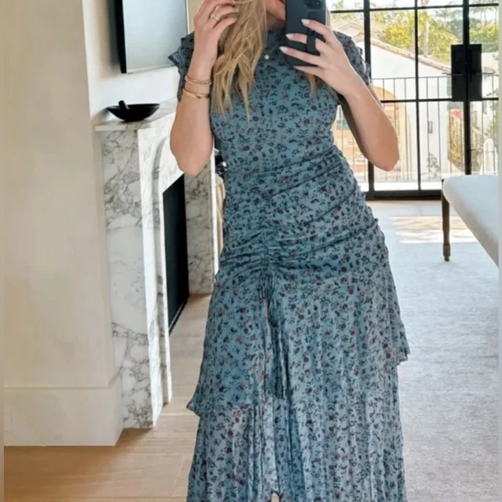 Cleobella Cecilia Blue Floral Chiffon Tiered Slit Midi Dress Lapis Block‎ Print - Picture 7 of 16